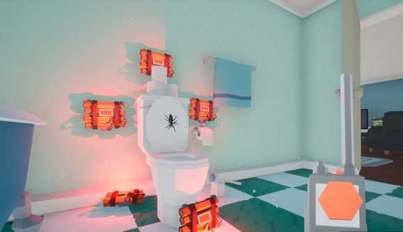 A spider sitting on a toilet surrounded by explosive charges