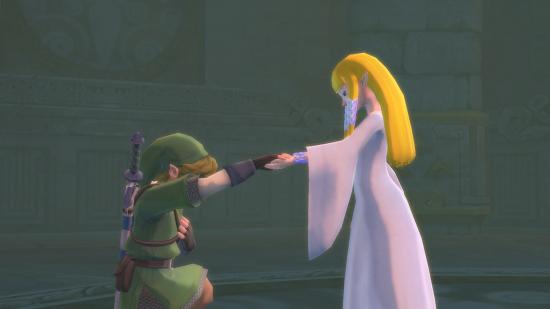 Link bowing to Zelda in Skyward Sword HD