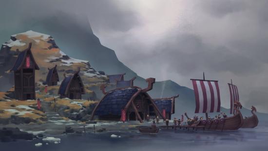 A Viking long ship and inhabited island