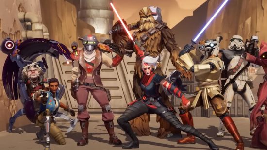Spielbare Star Wars Hunters-Charaktere, darunter Jedi-Droiden, Sith, ein Wookie und Kopfgeldjäger 