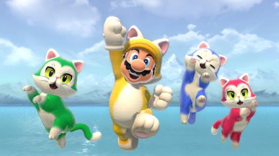 Cat Mario jumping alongside actual cats