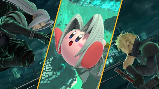 Sephiroth, Kirby, and Cloud fighting