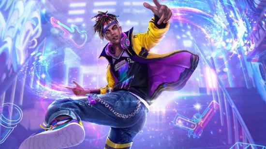 A character in a yellow coat is spinning around with their foot in the air, against a neon backdrop.