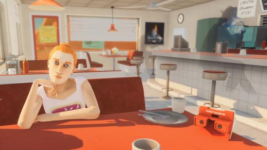 First-person view of a colourful American diner