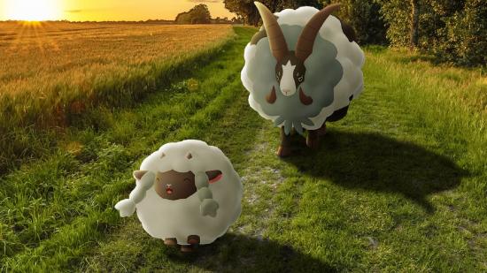 Wooloo and Dubwool walking through a field