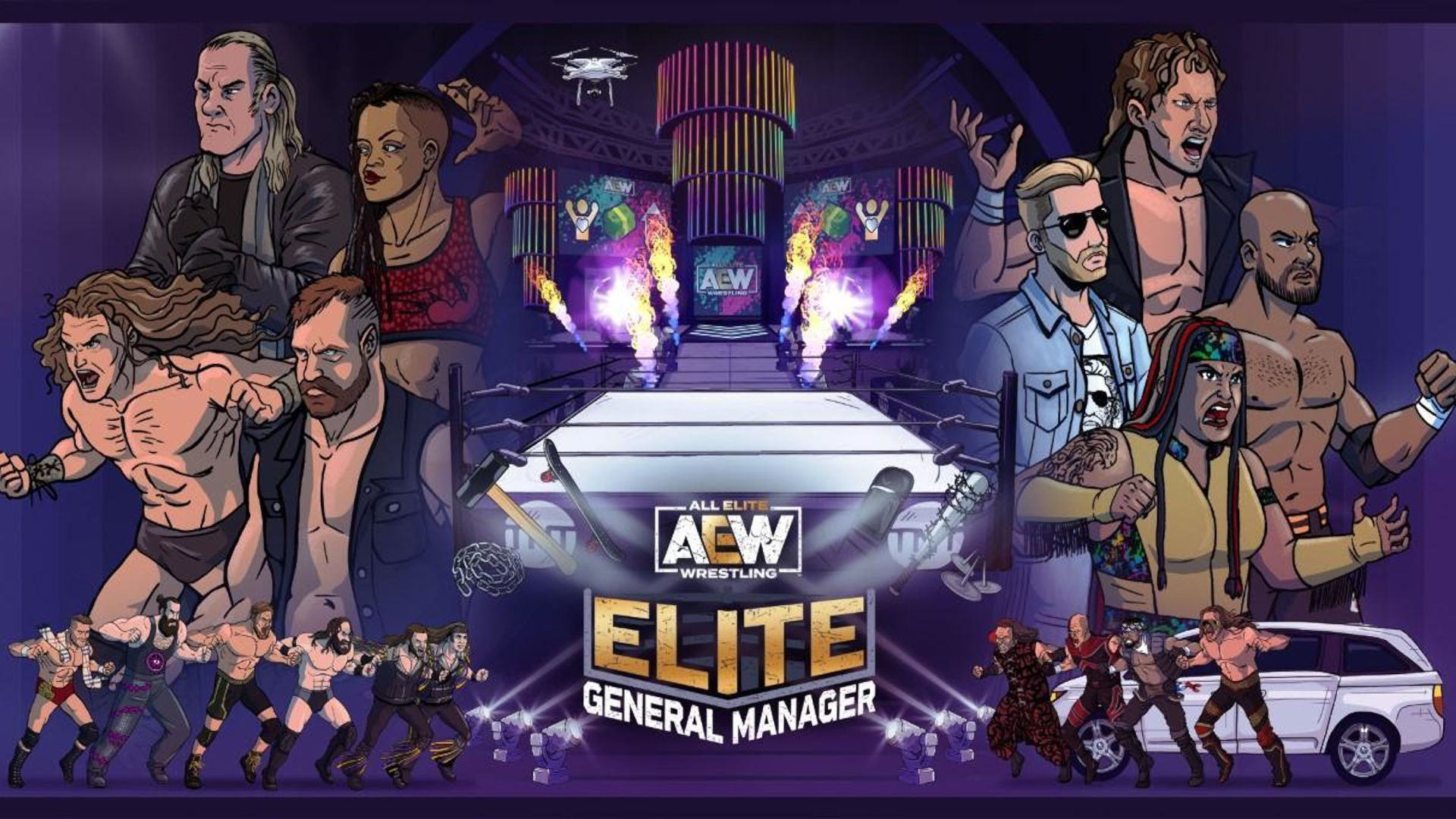 AEW promotional image, showing the logo surrounded by fighers