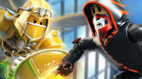 An assassin fighting a shielded warrior in one of the many Roblox games.