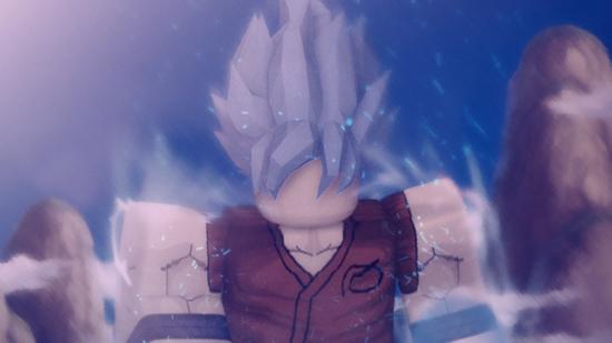 A Roblox character with spikey grey hair