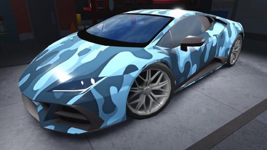 A blue camouflage car, upgradeable with our Driving Simulator codes.