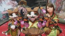 Two Palicos and a girl are serving Dangos in Monster Hunter Rise. Dangos are like mochi balls.
