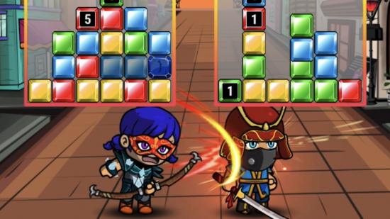 A character whacking another with a bow in Puzzelnite