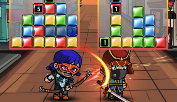 A character whacking another with a bow in Puzzelnite