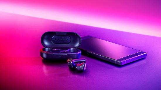 Razer Hammerhead earbuds bathed in purple light