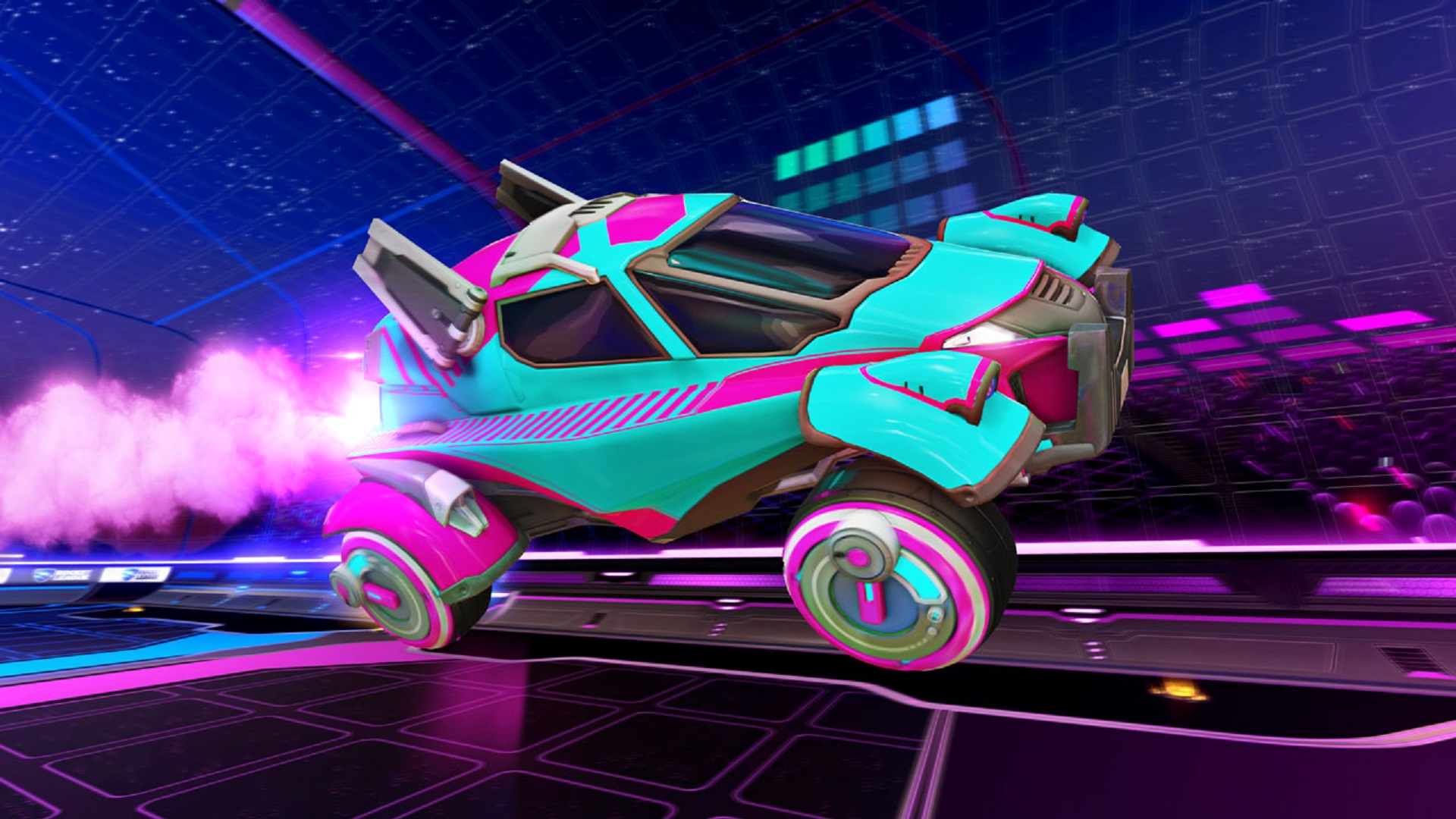 Rocket League codes - a pale blue and pink monster truck flying through the air