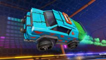 Rocket League codes - a blue truck with a watermelon pattern flies through the air