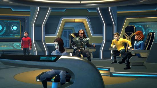 Various characters from Star Trek history in a ship's bridge bridge