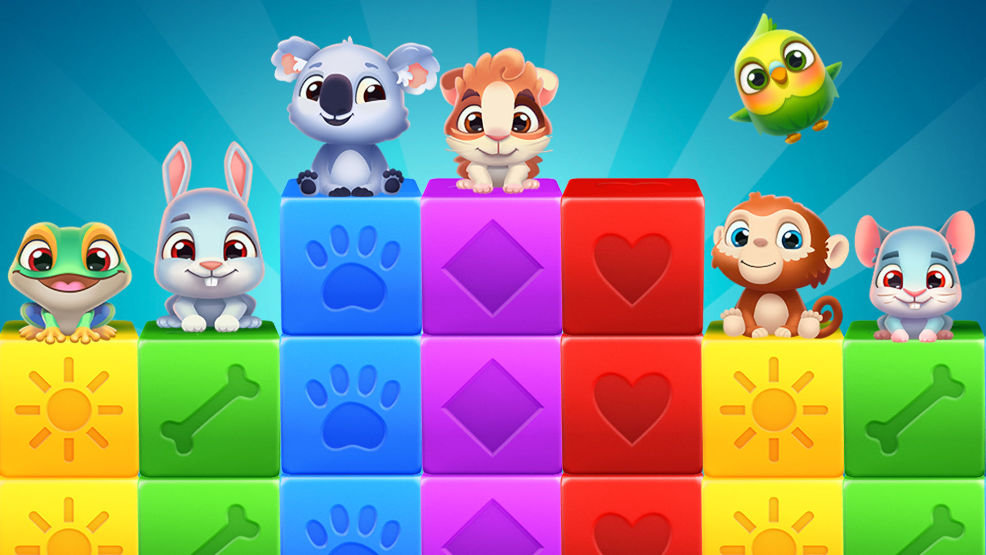 Pet Rescue Saga promotional image showing pets sat on top of coloured blocks