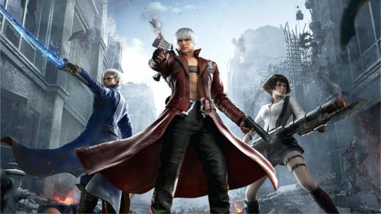 Dante, Lady and Vergil have their weapons drawn in the street