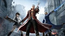 Dante, Lady and Vergil have their weapons drawn in the street
