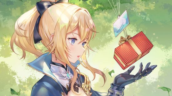 Genshin Jean birthday art showing her looking at a present