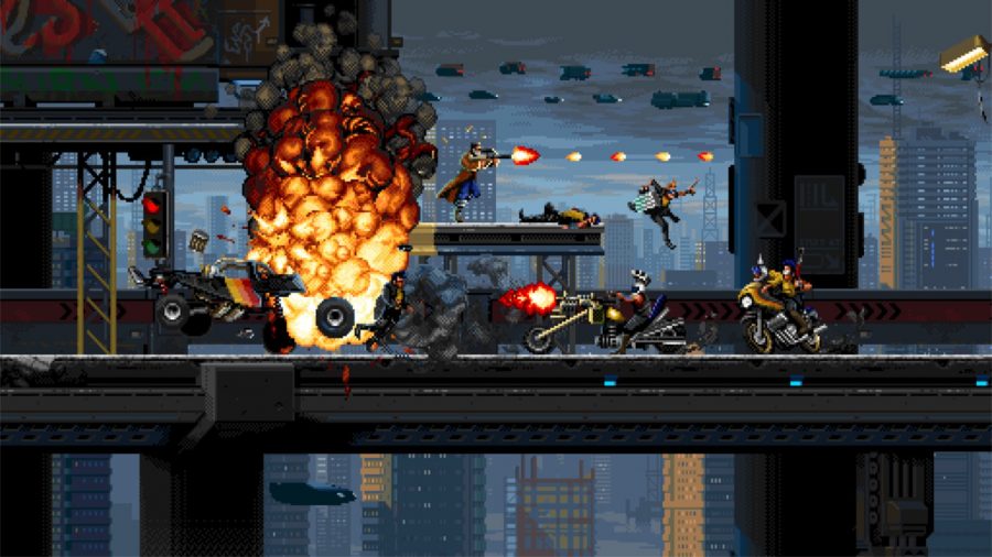 explosions and flying bullets as character goes through the level