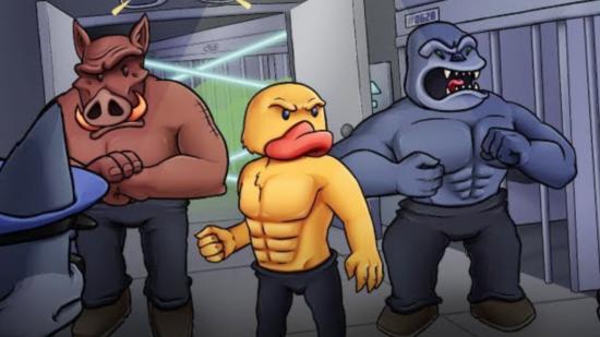 An anthropomorphic duck, gorilla, and boar breaking out of a jail