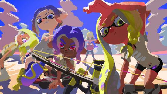 Several characters from Splatoon are staring forwards, holding a variety of weapons