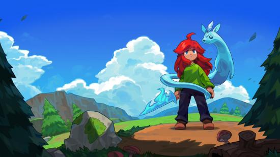 Arietta stood on a mountain with a dragon spirit companion