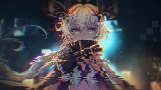 KingSense character Lohja, glowing and glitching on a dark backdrop