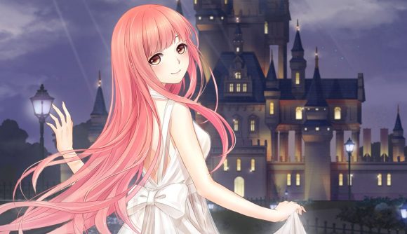 Nikki wearing a white dress, looking over her shoulder as she walks up to a castle lit against the night sky