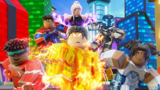 Group of Roblox Superheroes in the city