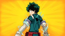 Hero Deku stands with his back to the screen against a bright orange and yellow background