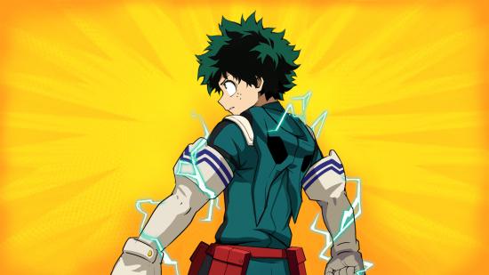 Hero Deku stands with his back to the screen against a bright orange and yellow background