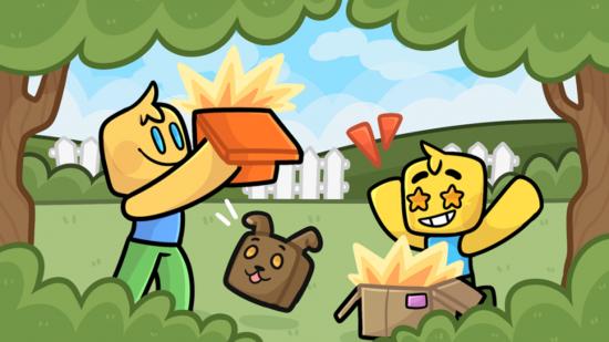 Two characters opening boxes in a forest clearing, a cube-shaped dog jumping between them