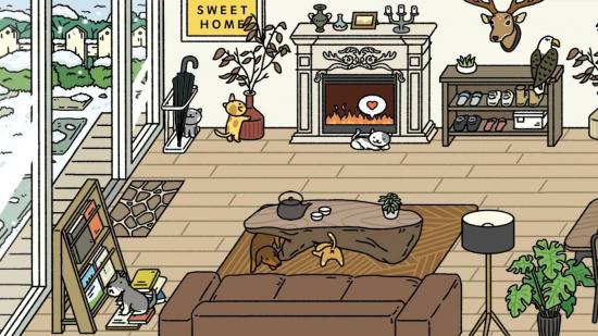 Adorable Home living room with a fireplace, wooden furniture, and several pets playing