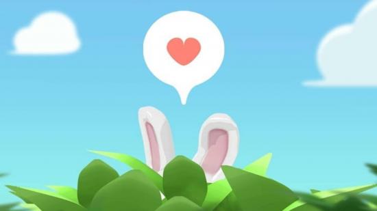 bunny ears sticking up over a bush. A speech bubble with a heart in it is above the bunny's head.