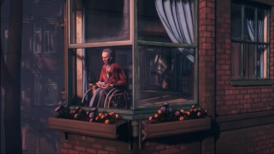 Conway, sat in his wheelchair looking out of his window