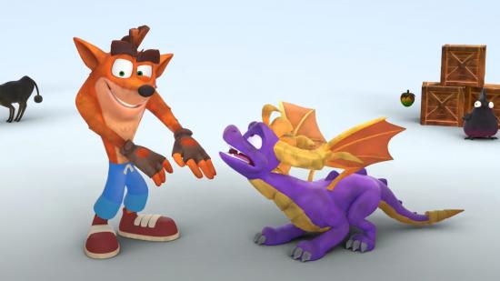 Crash and Spyro with boxes and a sheep behind them