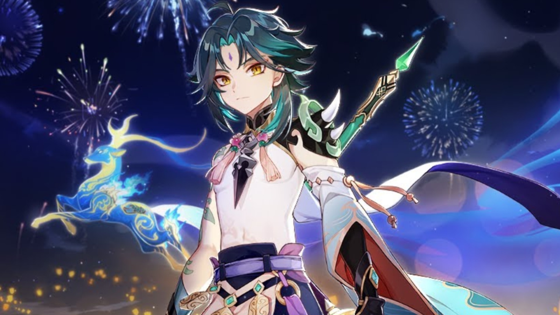 Genshin Impact's Xiao smiling beneath a sky full of fireworks