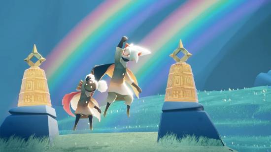 characters jumping in the air with two rainbows in the background