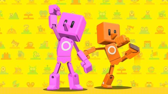 Two characters from Game Builder garage rejoice with hands in the air