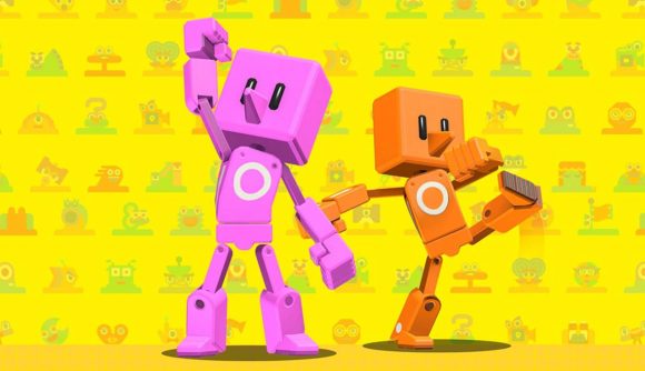 Two characters from Game Builder garage rejoice with hands in the air