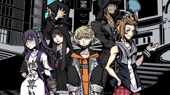 A group of school children (the cast of Neo: The World Ends With You) in a stylised cartoon Shibuya face forward