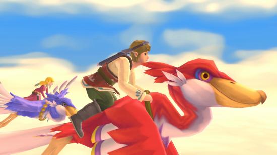 Link and Zelda soar through the sky atop loftwings
