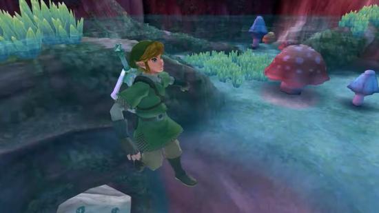 Link swimming in a pool of water in a cave surrounded in mushrooms