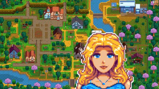 Stardew Valley's Pelican Town map, with a picture of NPC Haley at the front