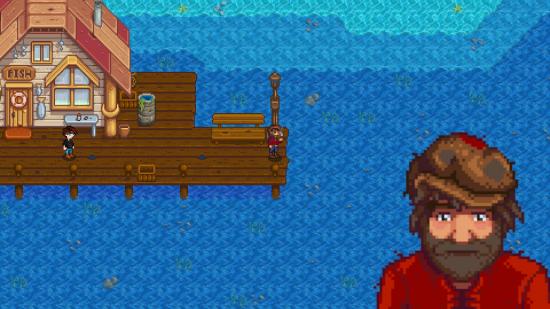 A shot of Stardew Valley Willy in front of the dock and his shop