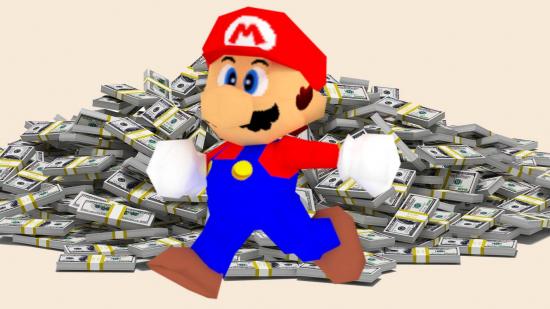 Mario stands in front of a massive pile of money