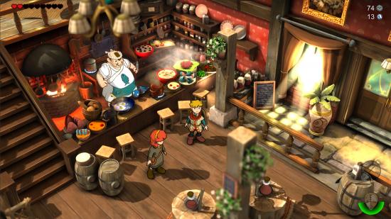 The protagonist Baldo and a friend stand in a bar, a man behind a counter is serving food and drink next to a stove.