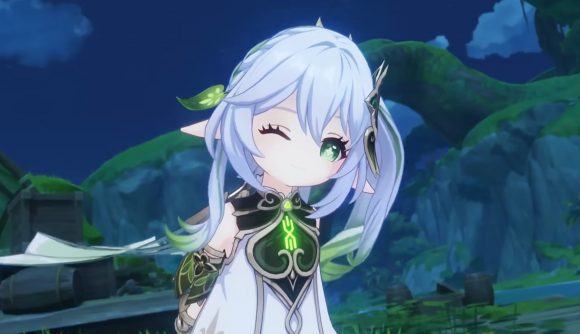 Best mobile MMORPGs: Genshin Impact. Image shows a chibi-esque anime girl winking at the camera.